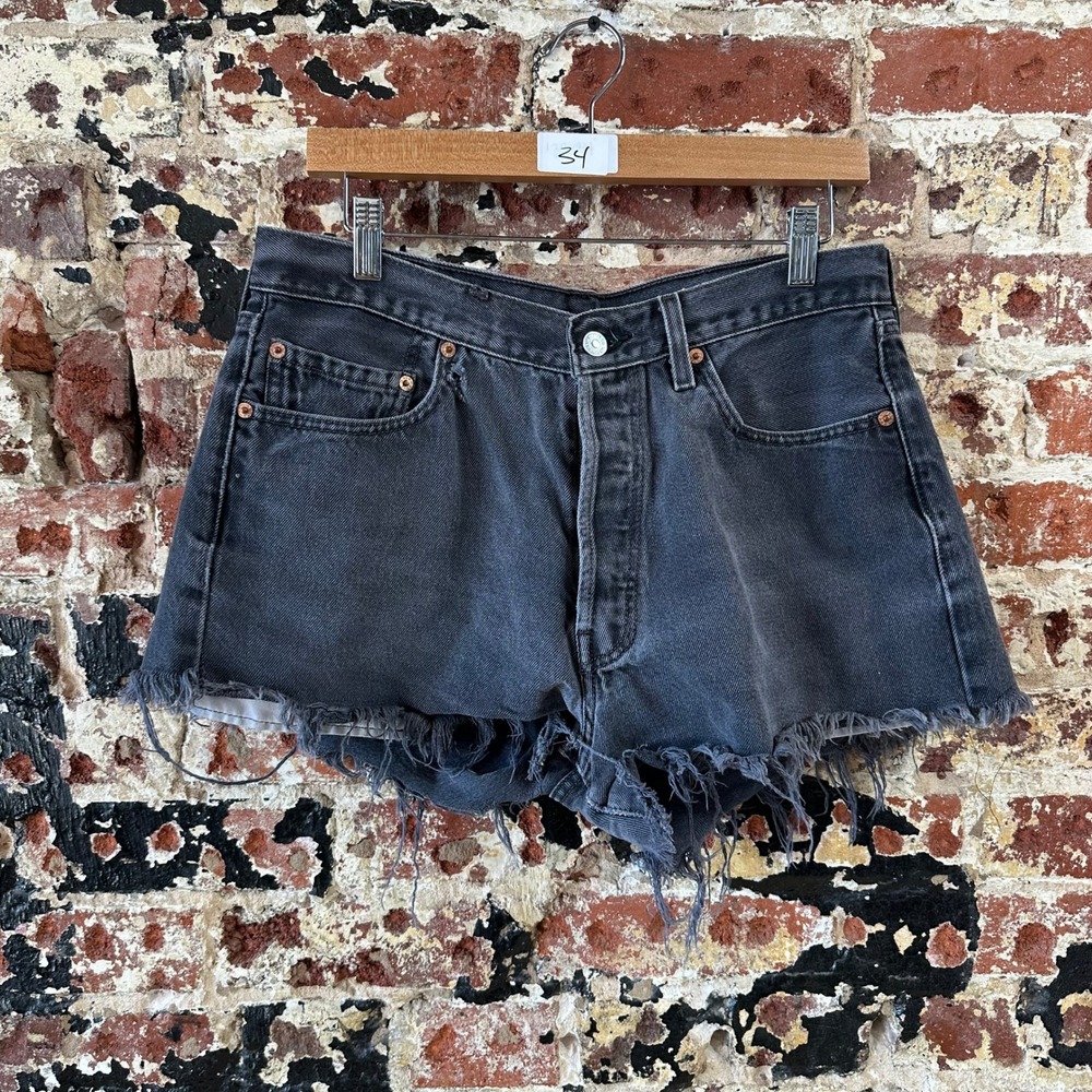 Levi's 501 Cut Off Denim Black Jean Shorts Womens 34 Distressed - 34x3.5"